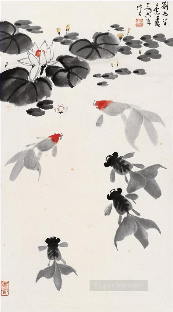 Wu zuoren goldfish in waterlily pond traditional China Oil Paintings